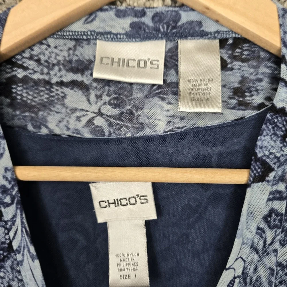 Chicos Top Womens 1‎ US Medium Blue Mesh Tank Set Button Up Casual Ladies